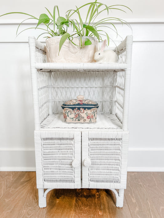 White Wicker Cabinet with Open Shelf & Storage